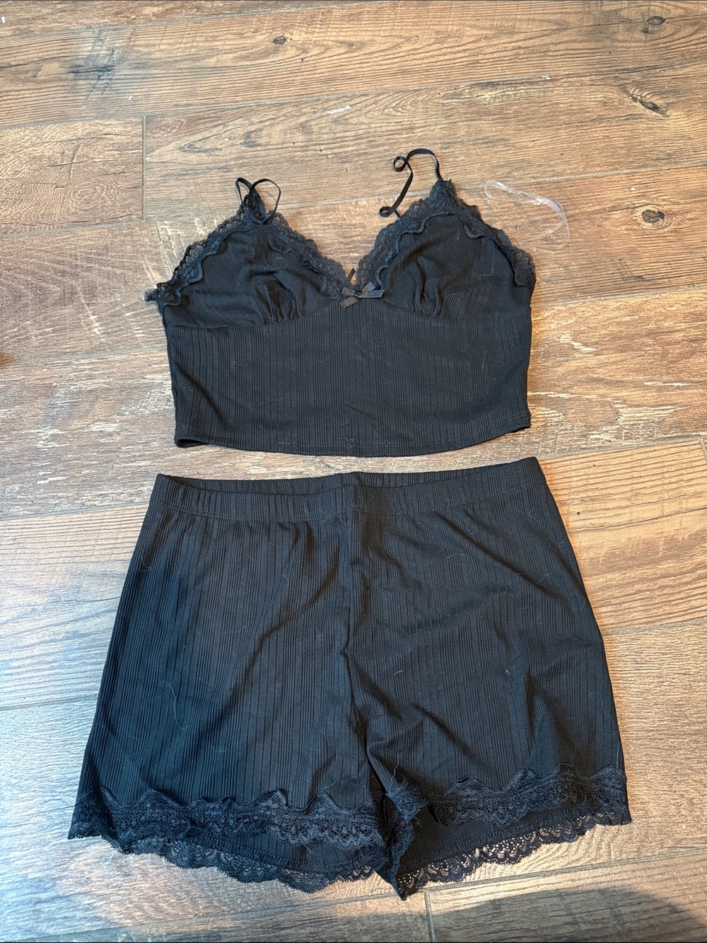 Fashion Nova Black Lace-Trim Ribbed Cami & Shorts Set